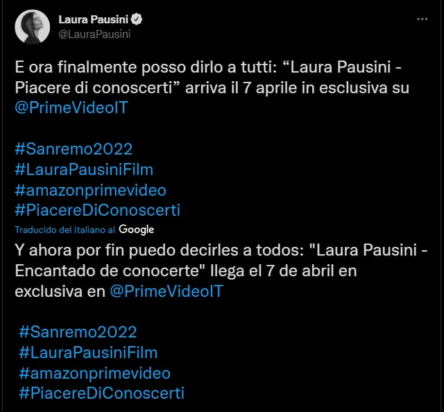 Laura Pausini anuncia el estreno de su propia película por Amazon Prime Video. Foto: Twitter