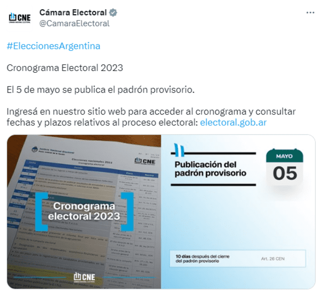 La CNE anunció la publicación del padrón provisional. Foto: Twitter/Cámara Electoral.