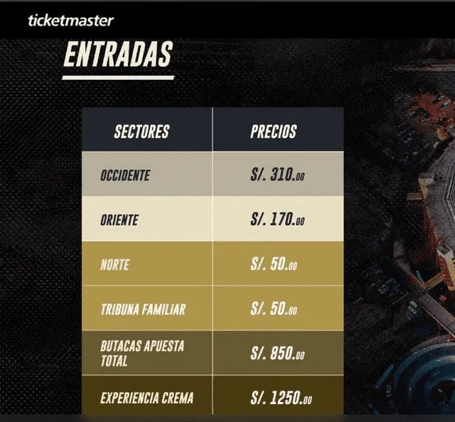 Lista de precios para la Noche Crema 2024. Foto: Ticketmaster   