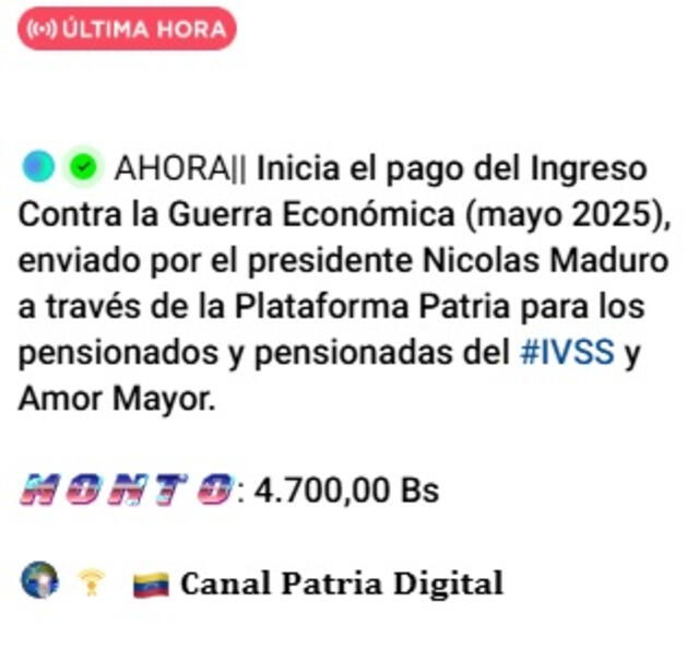 Anuncio del Bono de Guerra de mayo 2025 para pensionados. Foto: Canal Patria Digital Anuncio del Bono de Guerra de mayo 2025 para pensionados. Foto: Canal Patria Digital