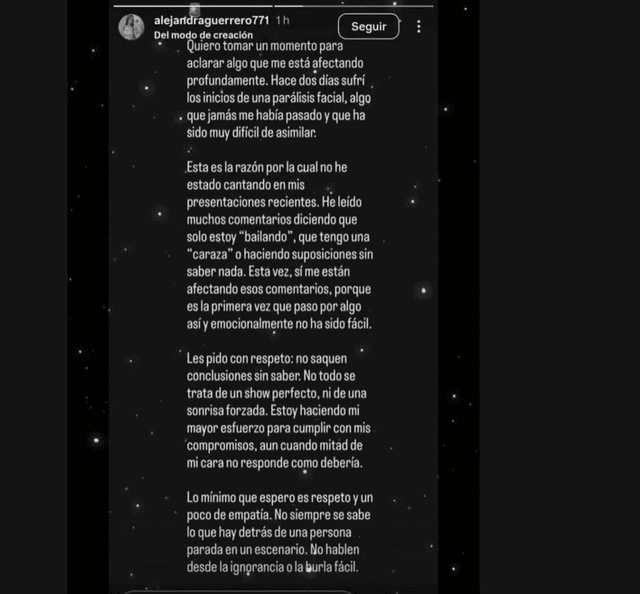 Publicación de Alejandra Guerrero anunciando que enfrenta una parálisis facial. Foto: Instagram. Publicación de Alejandra Guerrero anunciando que enfrenta una parálisis facial. Foto: Instagram.