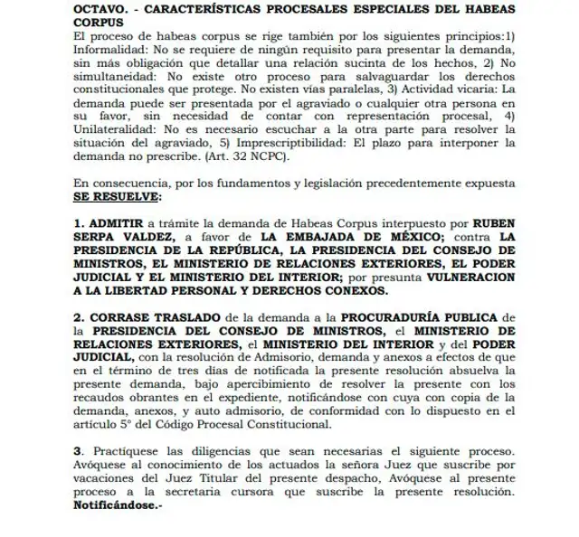  Resolución del Poder Judicial sobre admitir a trámite la demanda de habeas corpus.   