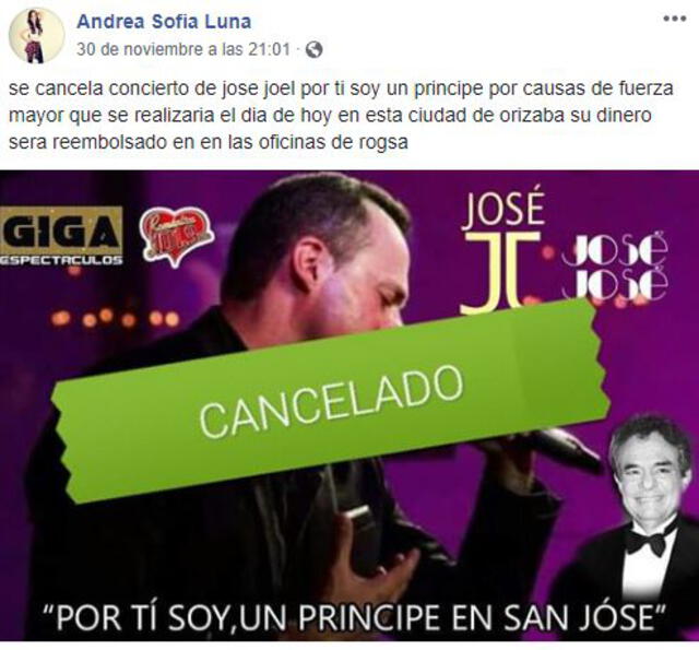 Publicación anunciando cancelación de concierto de José Joel en Orizaba.