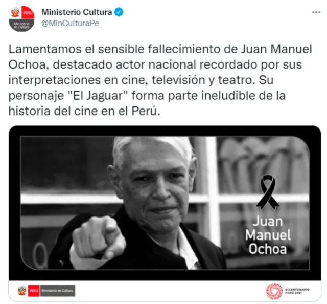 El Ministerio de Cultura emitió un pronunciamiento acerca de la muerte del actor nacional Juan Manuel Ochoa. Foto: captura Ministerio de Cultura Twitter