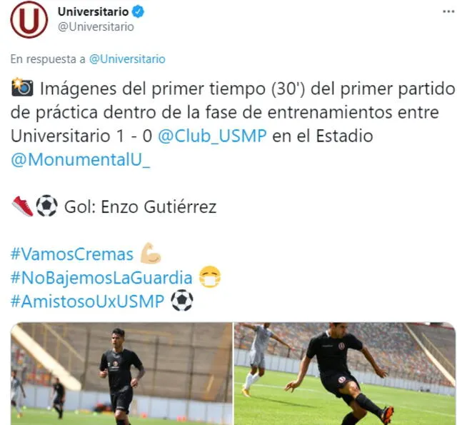 Universitario compartió en Twitter el resultado del primer amistoso entre Universitario vs. San Martín. Foto: Universitario - Twitter