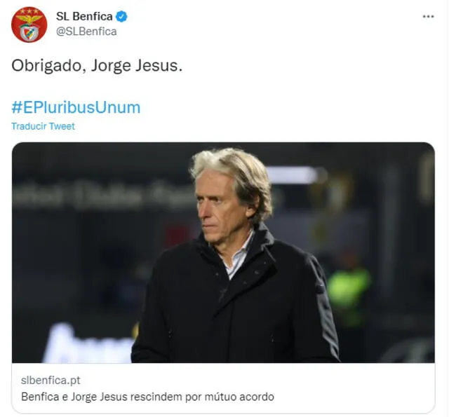 El club anunció que cumplirá todas las obligaciones pendientes con Jorge Jesus. Foto: SL Benfica