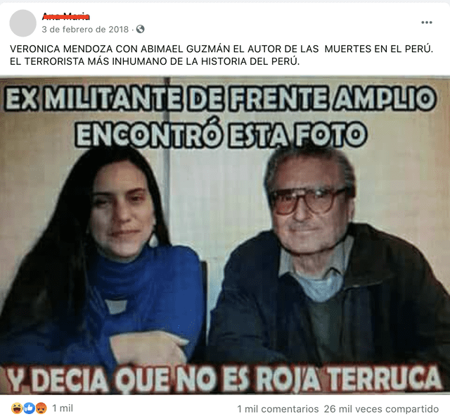 Foto trucada coloca a Verónika Mendoza junto al terrorista Abimael Guzmán. Foto: captura de Facebook