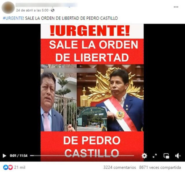  Publicación que supuestamente señala que “sale la orden de libertad de Pedro Castillo”. Foto: captura en Facebook.    