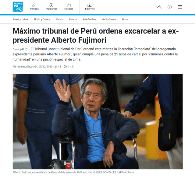  France 24 tituló: “Máximo tribunal de Perú ordena excarcelar a expresidente Alberto Fujimori”. Foto: captura/Frances24   