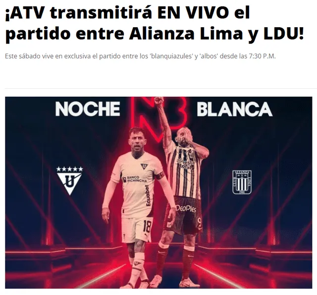  ATV confirmó en su página web que emitirá todas las incidencias del amistoso de Alianza Lima vs LDU. Foto: captura    