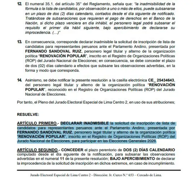  Resolución sobre Renovación Popular y su lista al Parlamento Andino.   