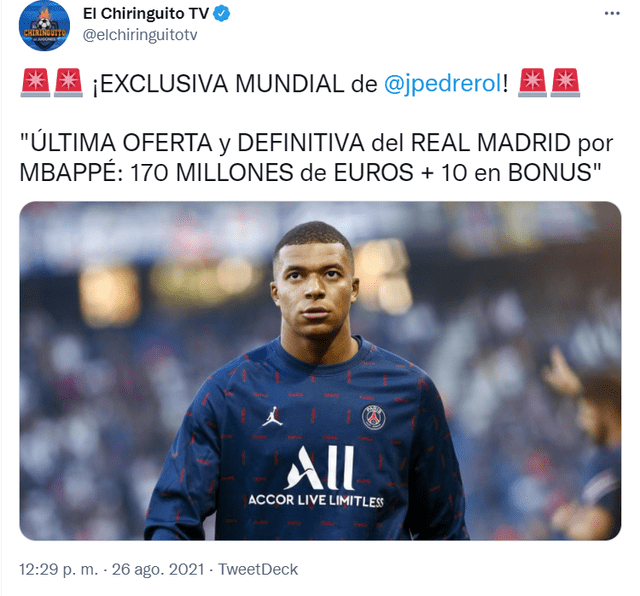 El Chiringuito reveló este jueves 26 de agosto que el Real Madrid mejoró su oferta inicial por Mbappé. Foto: captura Twitter