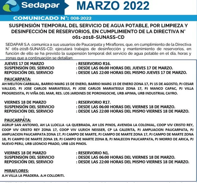 Arequipa: Sedapar programó corte de servicio de agua en 4 distritos