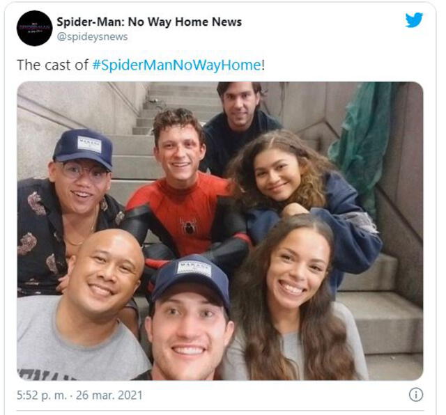 Tom Holland junto al elenco de Spider-Man 3. Foto: Twitter @spideysnews Tom Holland junto al elenco de Spider-Man 3. Foto: Twitter @spideysnews