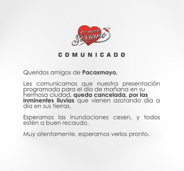  Corazón Serrano cancela presentación en Pacasmayo por fuertes lluvias. Foto: Corazón Serrano / Instagram    