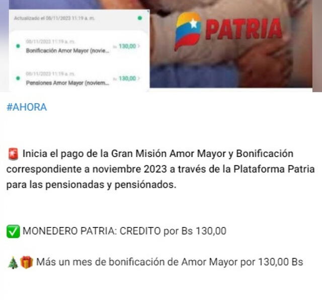 El Bono Amor Mayor llegó con aguinaldo. Foto: Canal Patria Digital/Telegram