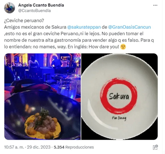 La usuaria mostró su indignación al recibir el 'ceviche peruano' en restaurante extranjero. Foto: Twitter   