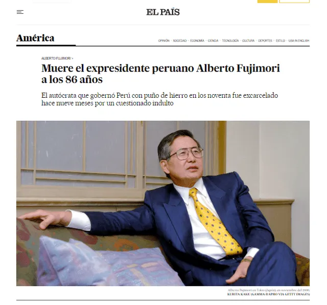 El medio resalto a Fujimori como un autócrata en la nota referente a su fallecimiento. Foto: El País.   