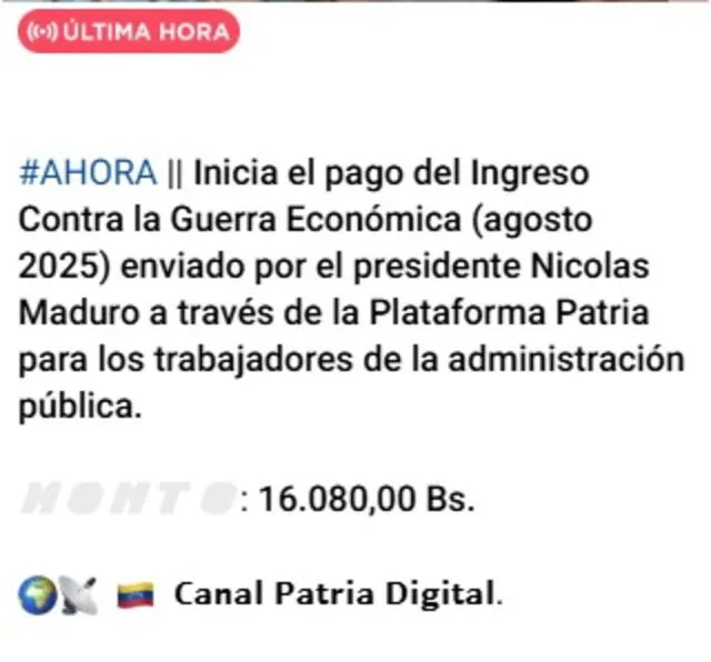 Anuncio del Bono de Guerra de agosto 2025 para trabajadores públicos. Foto: Canal Patria Digital   