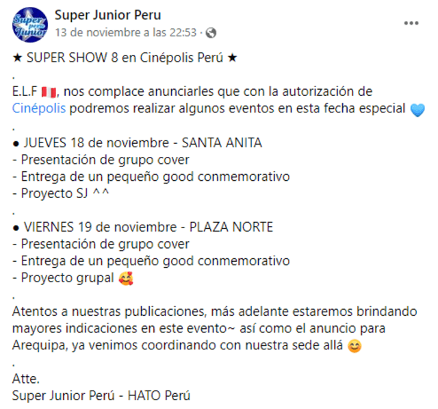 Información sobre el SUPER SHOW 8 en Perú. Facebook: Super Junior Perú