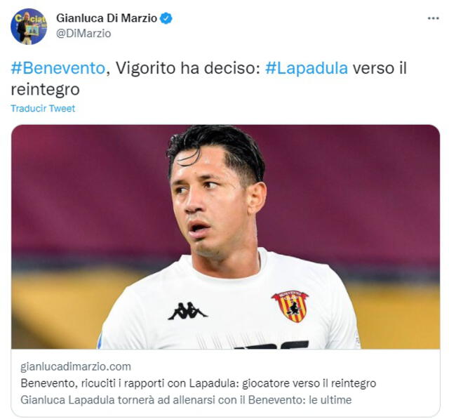 Según Di Marzio, la tensión entre Benevento y Lapadula ha disminuido. Foto: captura de Twitter