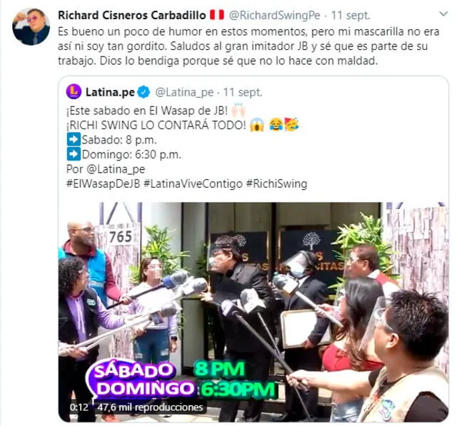 Richard ‘Swing’ reacciona a la parodia de Jorge Benavides | Fotocaptura Twitter