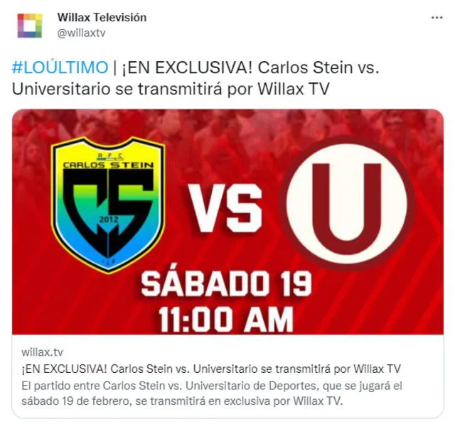 Anuncio de Willax para el partido Carlos Stein vs. Universitario. Foto: captura de Twitter