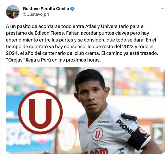 Edison Flores estaría cerca de volver a Universitario. Foto: captura Twitter Gustavo Peralta.   