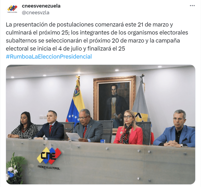 La postulación de candidatos será del 21 al 25 de marzo de 2024. Foto: CNE Venezuela/X