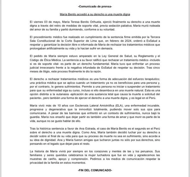 Comunicado sobre caso María Benito. Foto: difusión   
