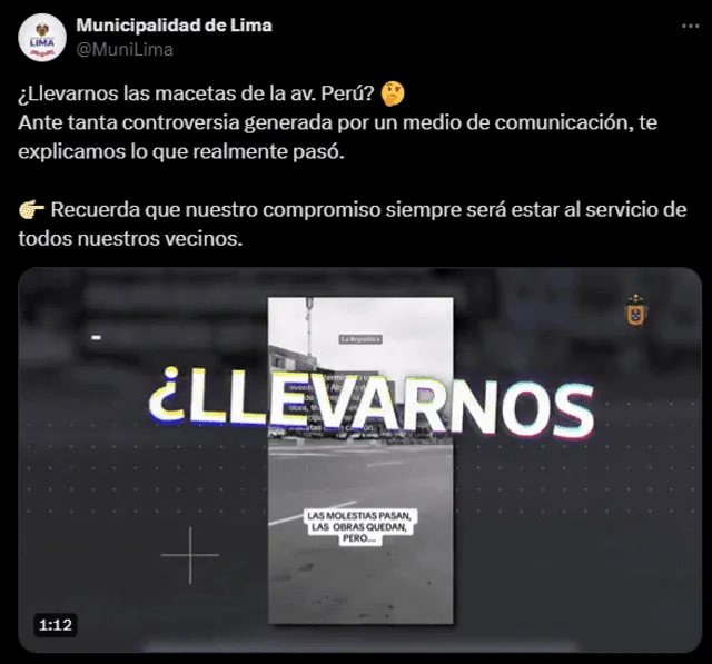 López Aliaga renueva av. Perú en SMP, pero trabajadores municipales se llevan las macetas tras ceremonia