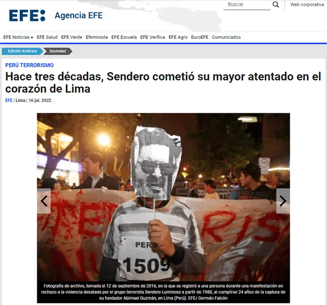 “Hace 3 décadas, Sendero Luminoso cometió su mayor atentado en el corazón de Lima”, titula EFE