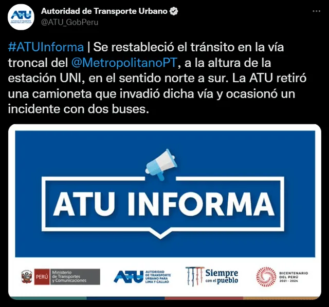 Foto: Twitter / @ATU_GobPeru