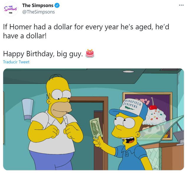 Homero Simpson está de cumpleaños y fans lo celebran en redes sociales. Foto: @TheSimpsons/Twitter