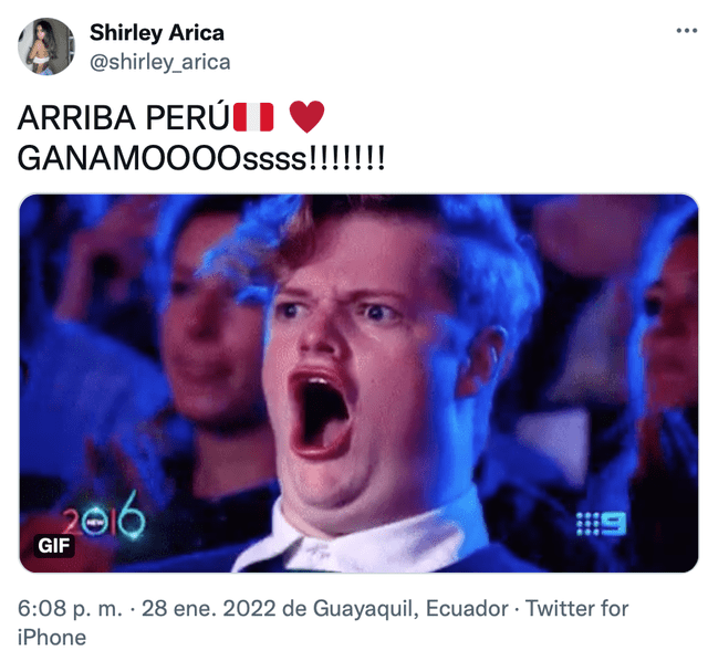 Shirley Arica feliz con el triunfo de Perú. Foto: Captura / Twitter