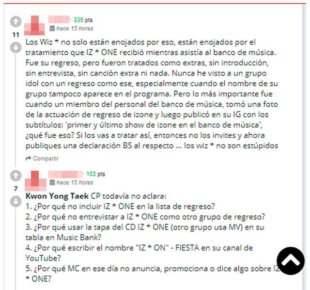 Captura de los comentarios dejados por los seguidores de IZ*ONE a la declaración del CP de Music Bank. AllKpop, 30 de marzo, 2020.