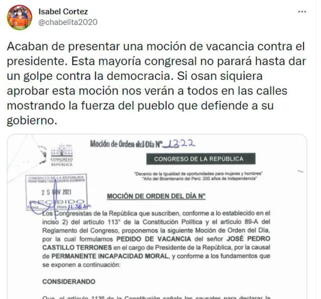 Congresista de Juntos por el Perú rechazó la moción de vacancia presidencial contra Pedro Castillo. Foto: Twitter