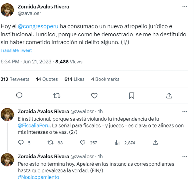  Respuesta de Zoraida Ávalos tras ser inhabilitada por el Congreso. Foto: Twitter/ZoraidaÁvalos    