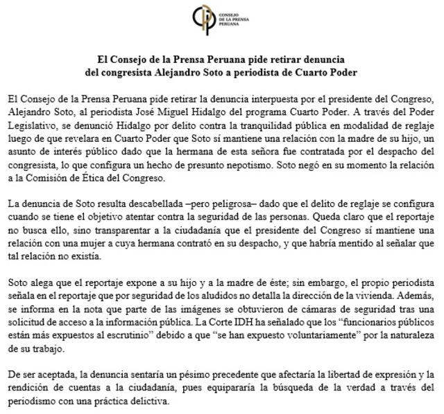 Consejo de la Prensa Peruana expresa preocupación por denuncia contra periodista. 