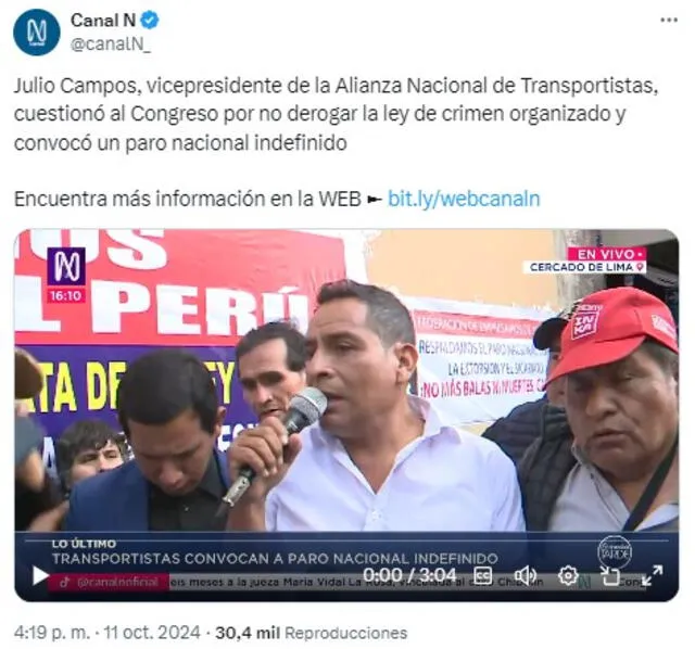  Otro tuit de Canal N sobre la declaración de Julio Campos del 11 de octubre de 2024. Foto: captura en X / Canal N.&nbsp;<br><br>    