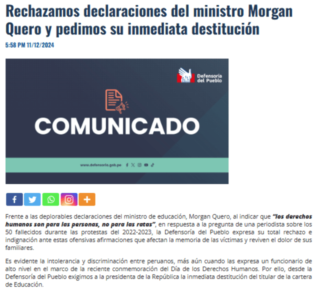  Comunicado de la Defensoría del Pueblo sobre las expresiones de Morgan Quero | Fuente: Defensoría del Pueblo    