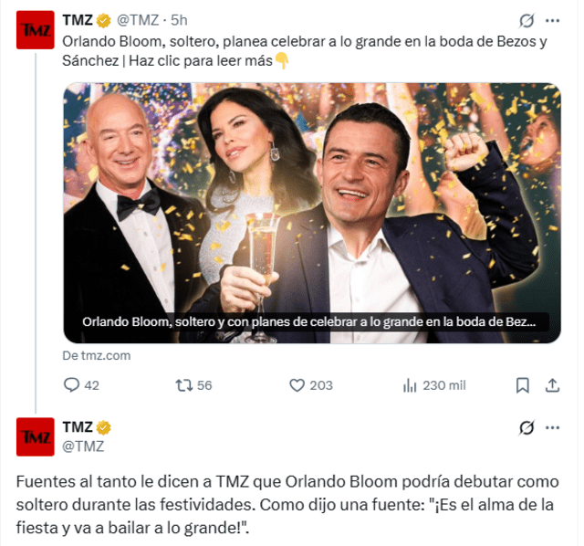 TMZ reveló que Orlando Bloom está soltero e irá a la boda de Bezos. TMZ reveló que Orlando Bloom está soltero e irá a la boda de Bezos.