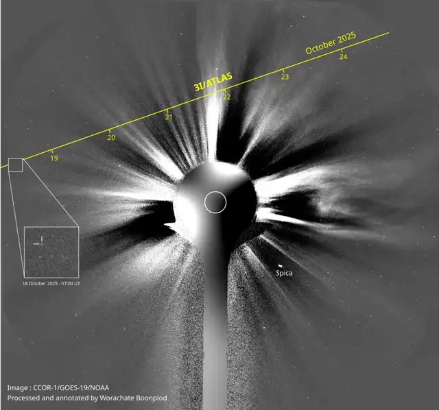 Los investigadores y el astrónomo Worachate Boonplod siguieron la trayectoria de 3I/ATLAS utilizando datos del satélite meteorológico GOES-19. Foto: CCOR-1/GOES-19/NOAA Los investigadores y el astrónomo Worachate Boonplod siguieron la trayectoria de 3I/ATLAS utilizando datos del satélite meteorológico GOES-19. Foto: CCOR-1/GOES-19/NOAA