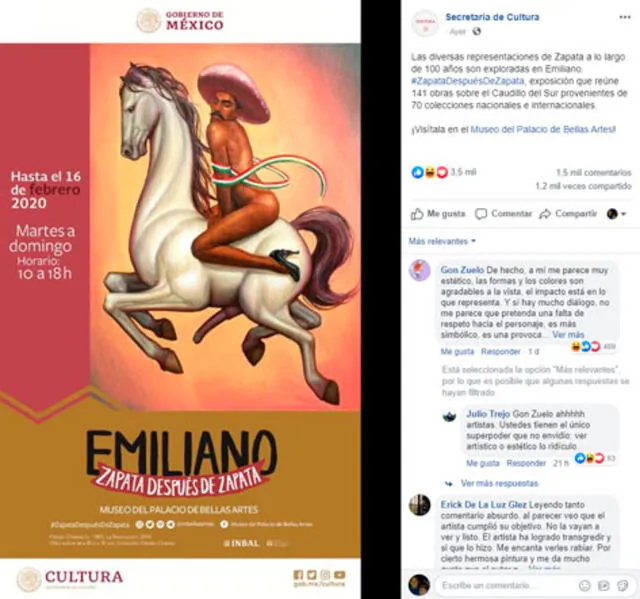 Publicación de Facebook sobre la inauguración de la muestra "Emiliano. Zapata después de Zapata".