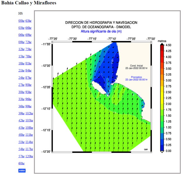 Pronóstico de la Dirección de Hidrografía y Navegación para este 22 de enero. Foto: captura