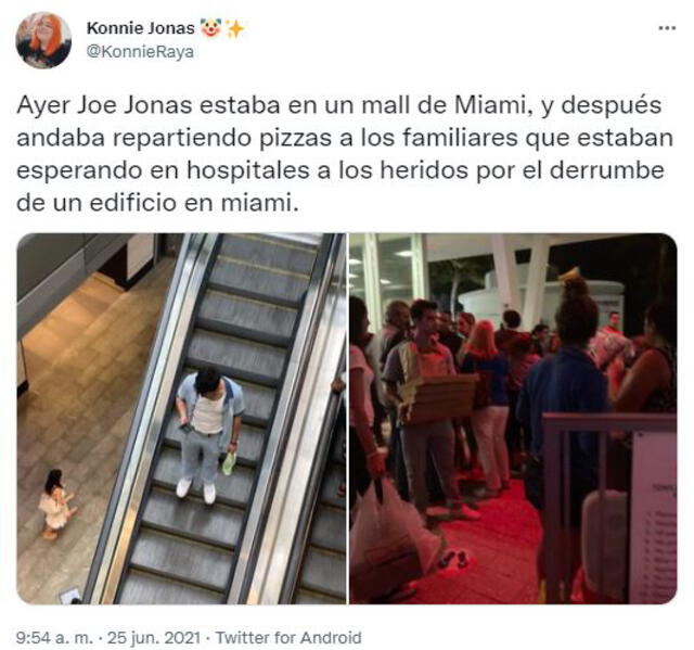 Joe Jonas reparte pizza a familiares de heridos durante derrumbe en Miami. Foto: captura/Twitter