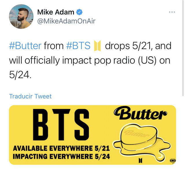 Tuit de Mike Adam sobre "Butter" de BTS. Foto: captura Twitter