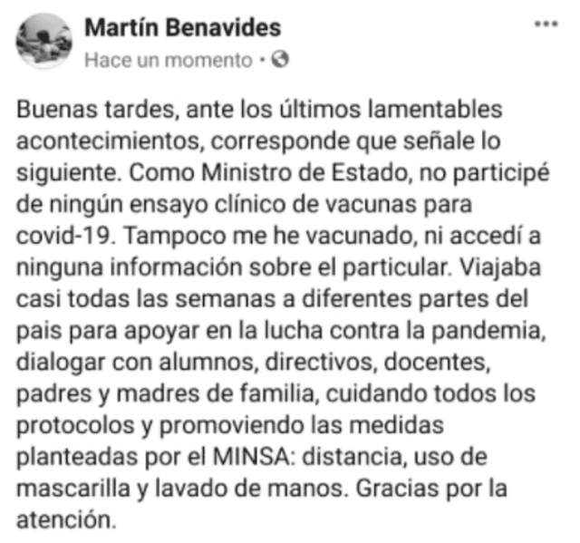 Mensaje de Marín Benavides