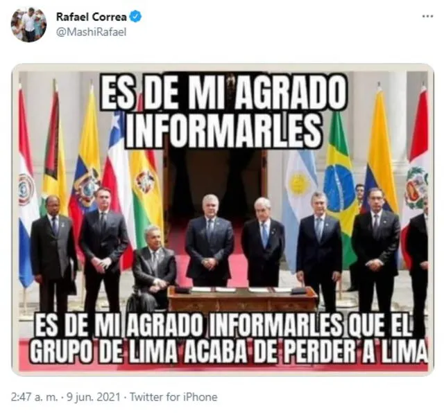 "¡Qué problema! Y ahora, ¿cómo se van a llamar", cuestionó Rafael Correa. Foto: captura de Twitter/@MashiRafael