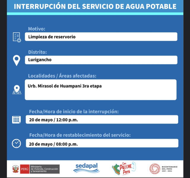 La Urbanización Marisol de Huampani 3ª etapa no tendrá este servicio desde las 12.00 m.. Foto: Sedapal 